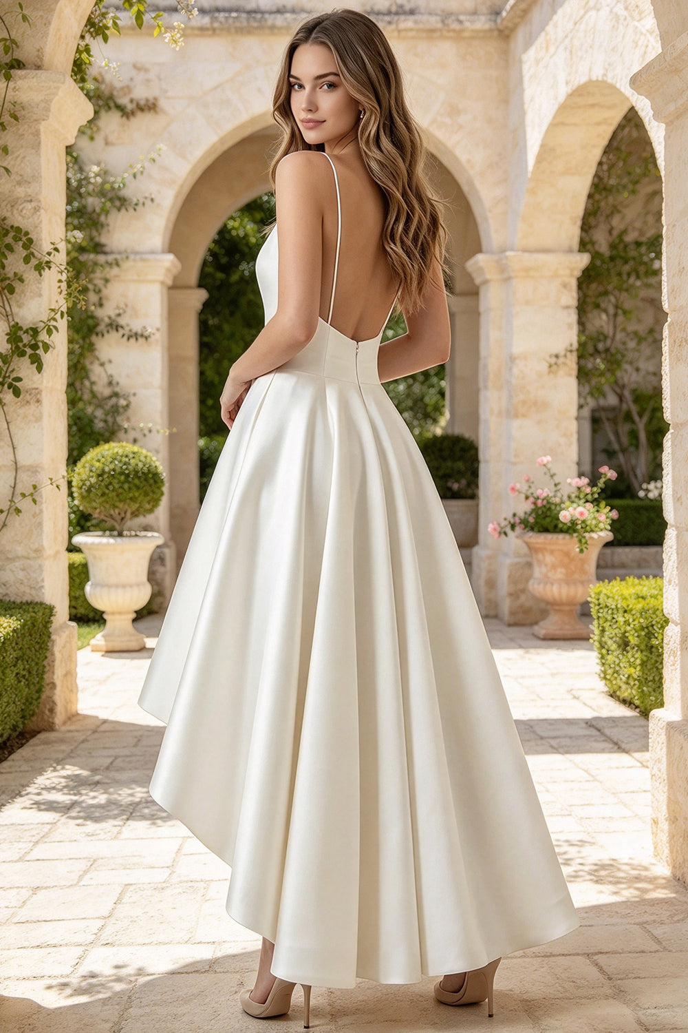 Spaghetti Strap V Neck Satin Wedding Dress Backless High Low Bridal Gown (HW340)