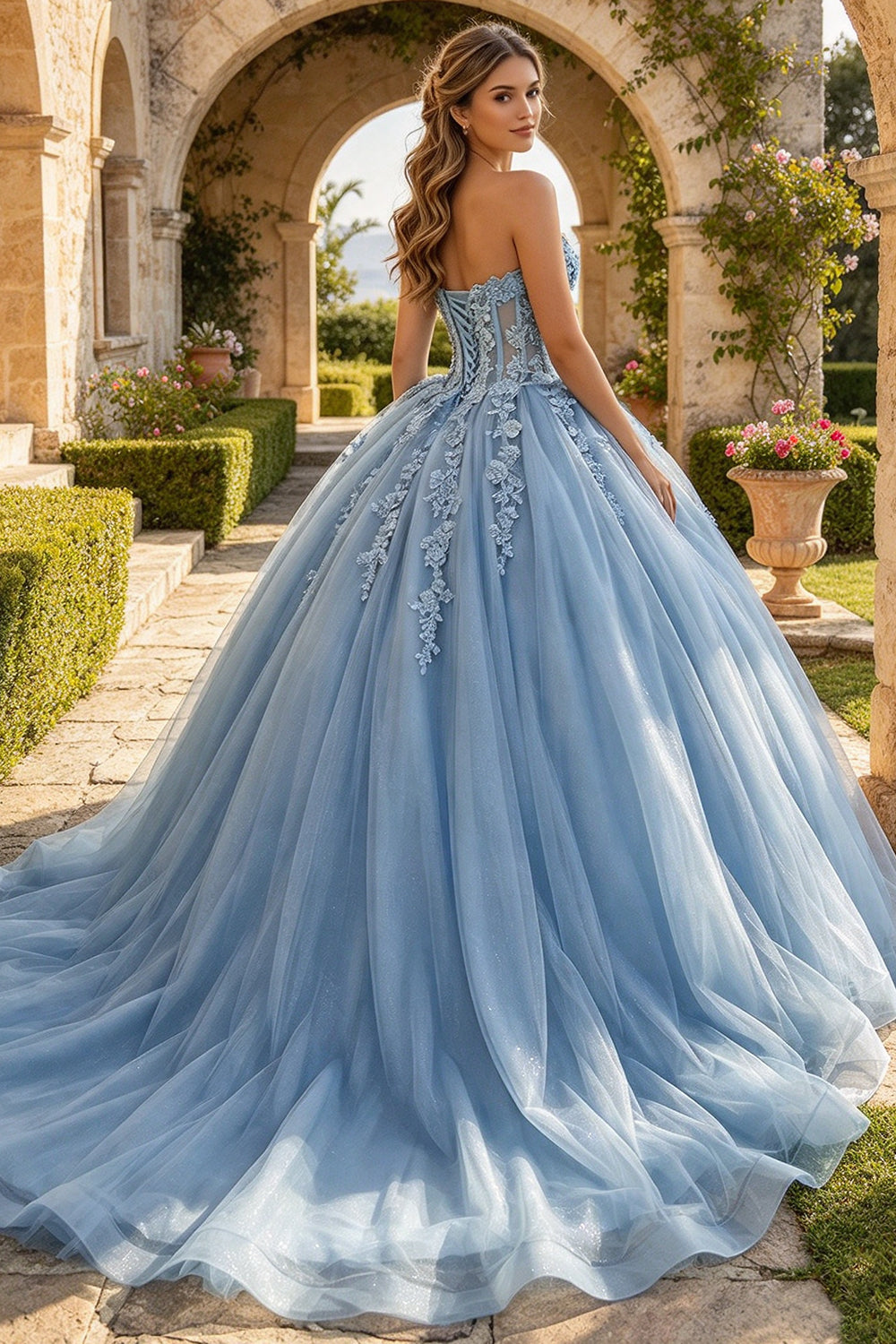 Strapless Lace Applique Quinceanera Dress Glitter Tulle Corset Sweet 15 Ball Gown (HW347)