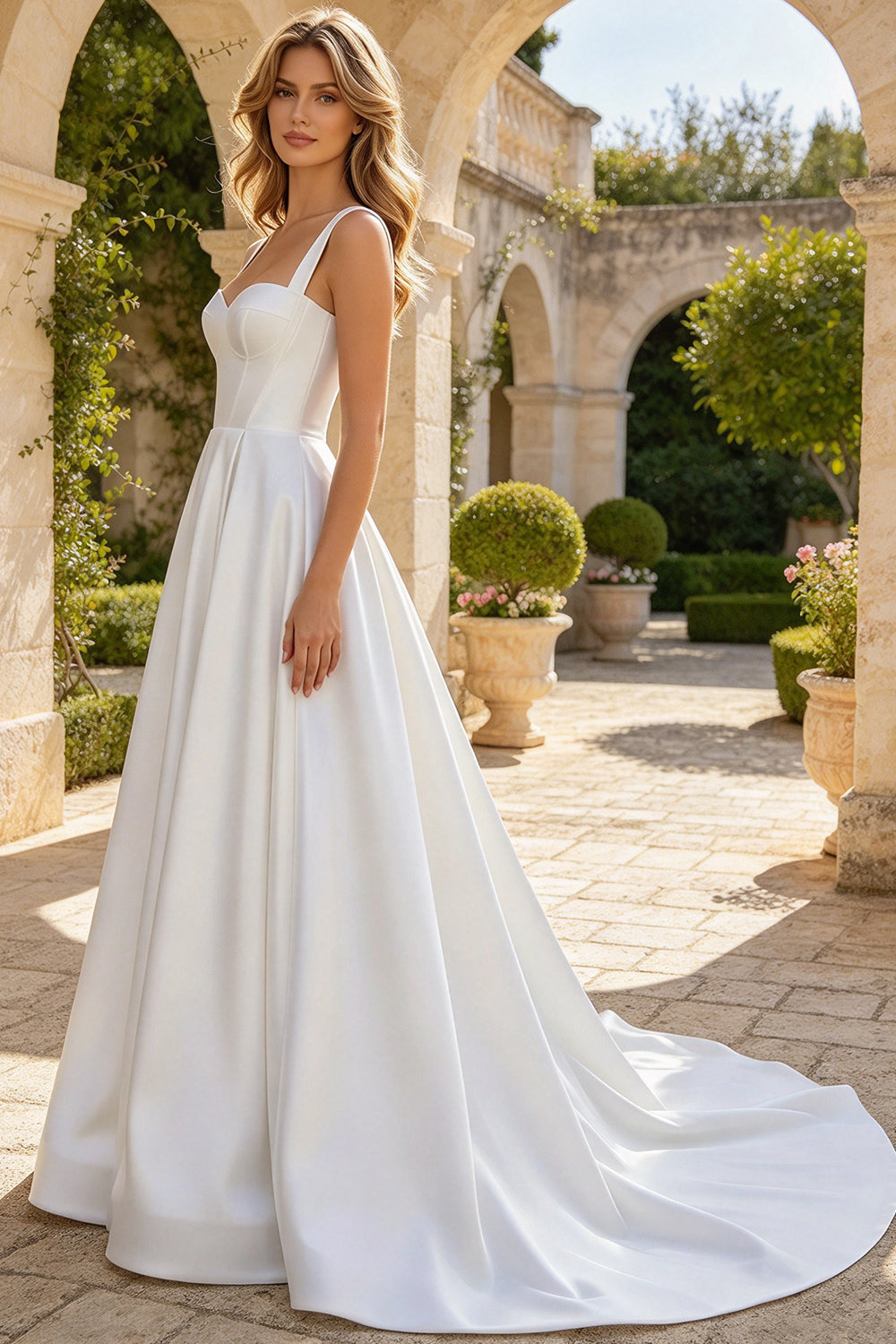 Sweetheart Satin A Line Wedding Dress Corset Wide Strap Lace Up Bridal Gown (HW338)