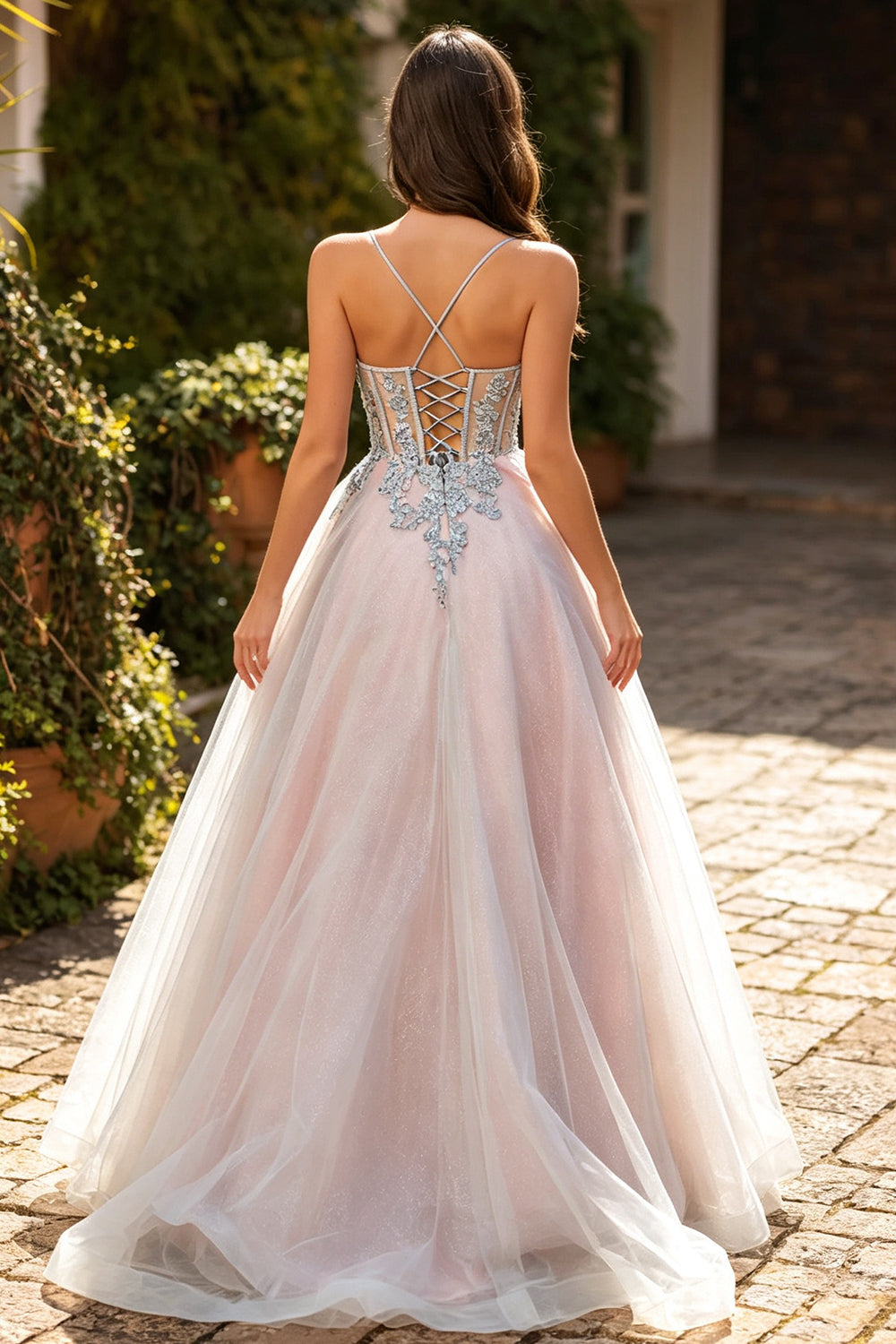 Glitter Tulle A‑Line Prom Dress Corset Lace Appliques with Lace‑Up Formal Evening Gown (HW250)