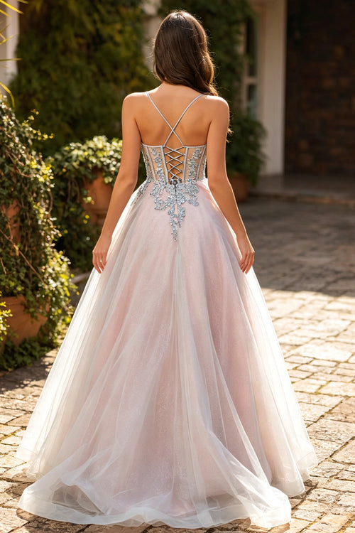 Glitter Tulle A‑Line Prom Dress Corset Lace Appliques with Lace‑Up Formal Evening Gown (HW250)