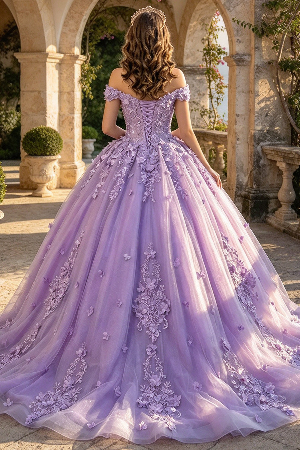 Off Shoulder Quinceanera Dress 3D Floral Tulle Ball Gown With Lace Up Sweet 16 Dress (HW343)
