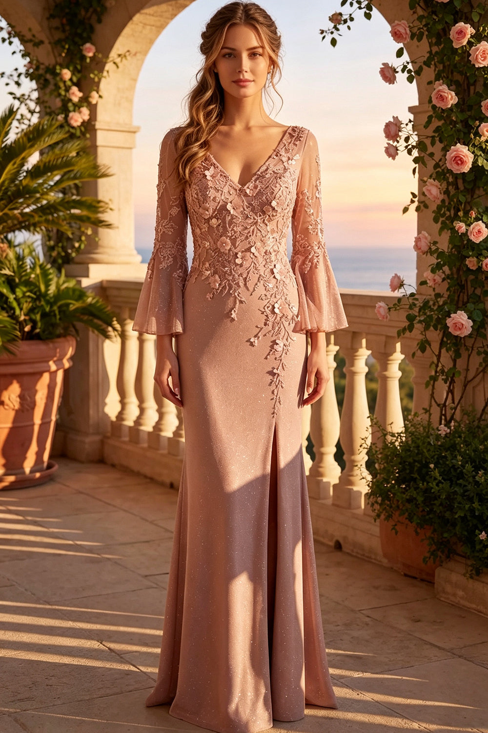 Satin V-Neck Prom Dress Bell Long Sleeves Beaded Lace Appliques Glitter Mermaid Formal Gown With Slit (HW258)