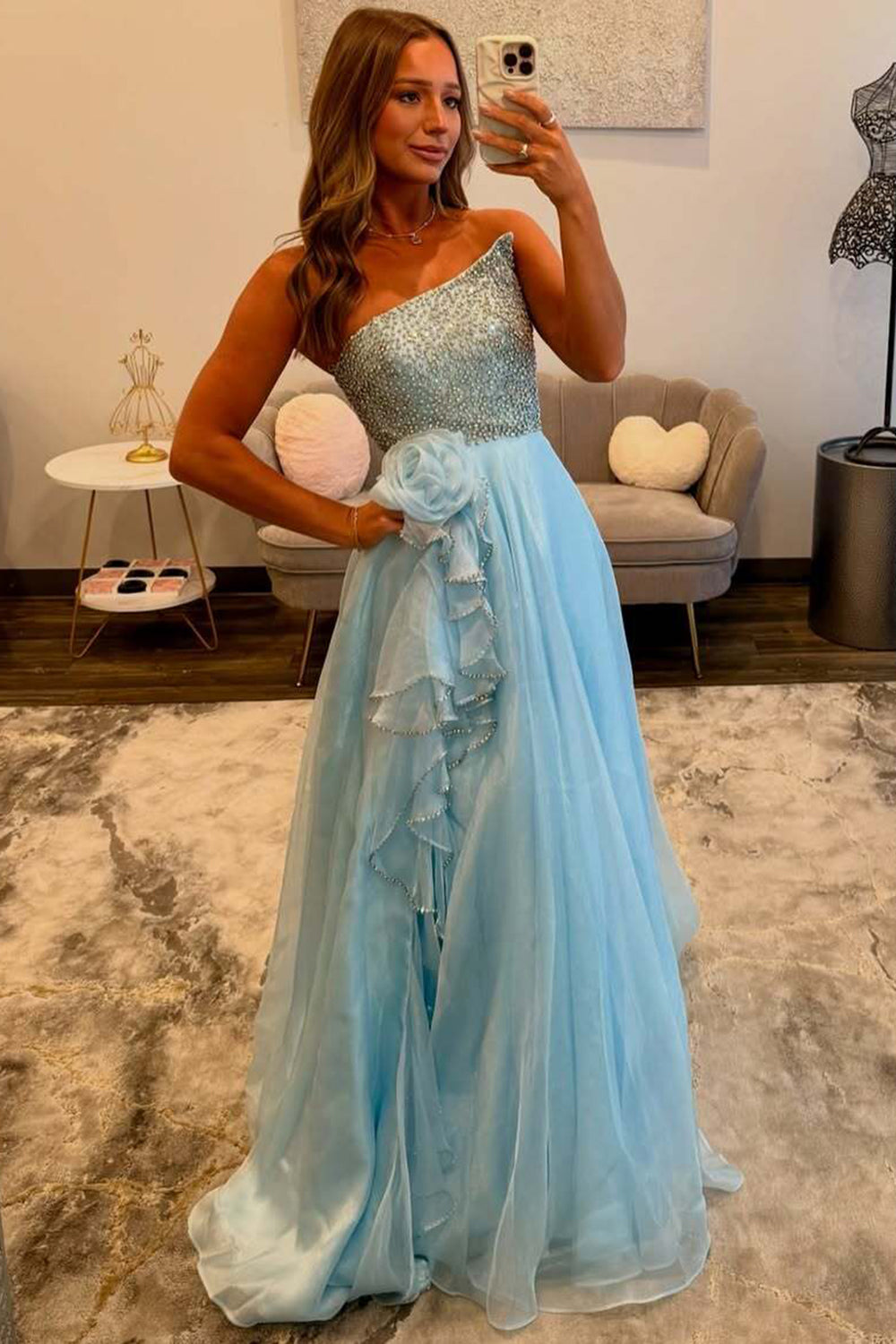 One Shoulder Long Prom Dress Beaded Bodice Chiffon A-Line with 3D Flower Ruffle High Slit Wedding Guest Dress (HW152)