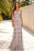 Spaghetti Straps Mermaid Prom Dress V‑Neck Silver Floral with Lace Appliques Lace‑Up Formal Gown (HW245)
