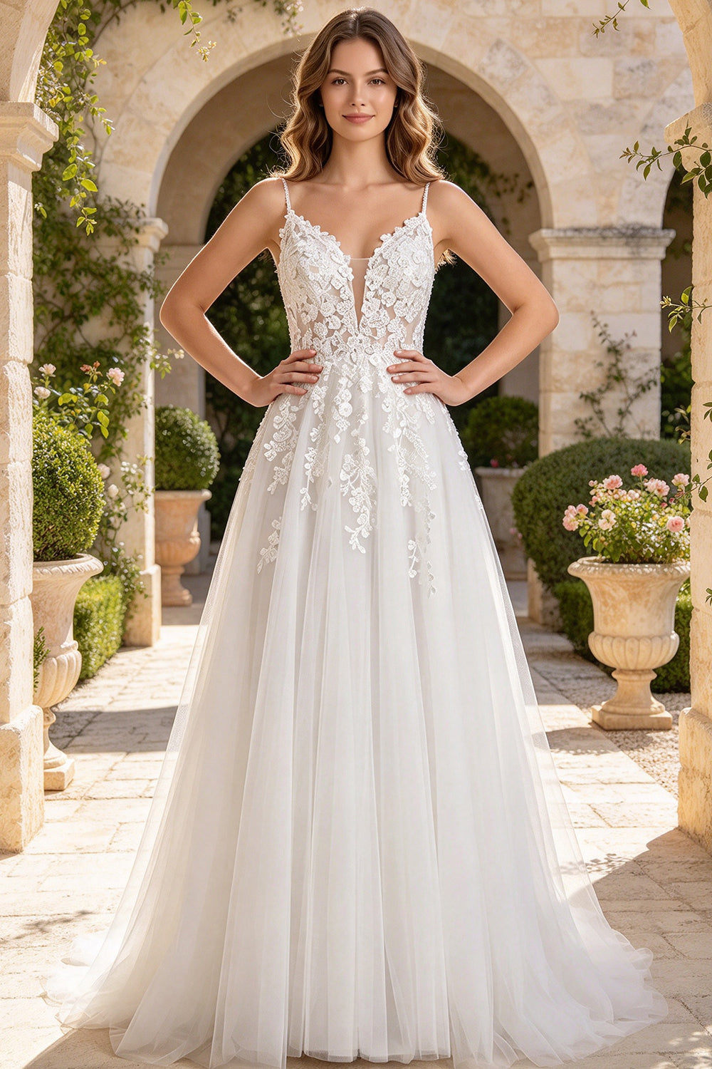 Spaghetti Strap Lace Applique Wedding Dress Flowy A Line Tulle Bridal Gown (HW320)