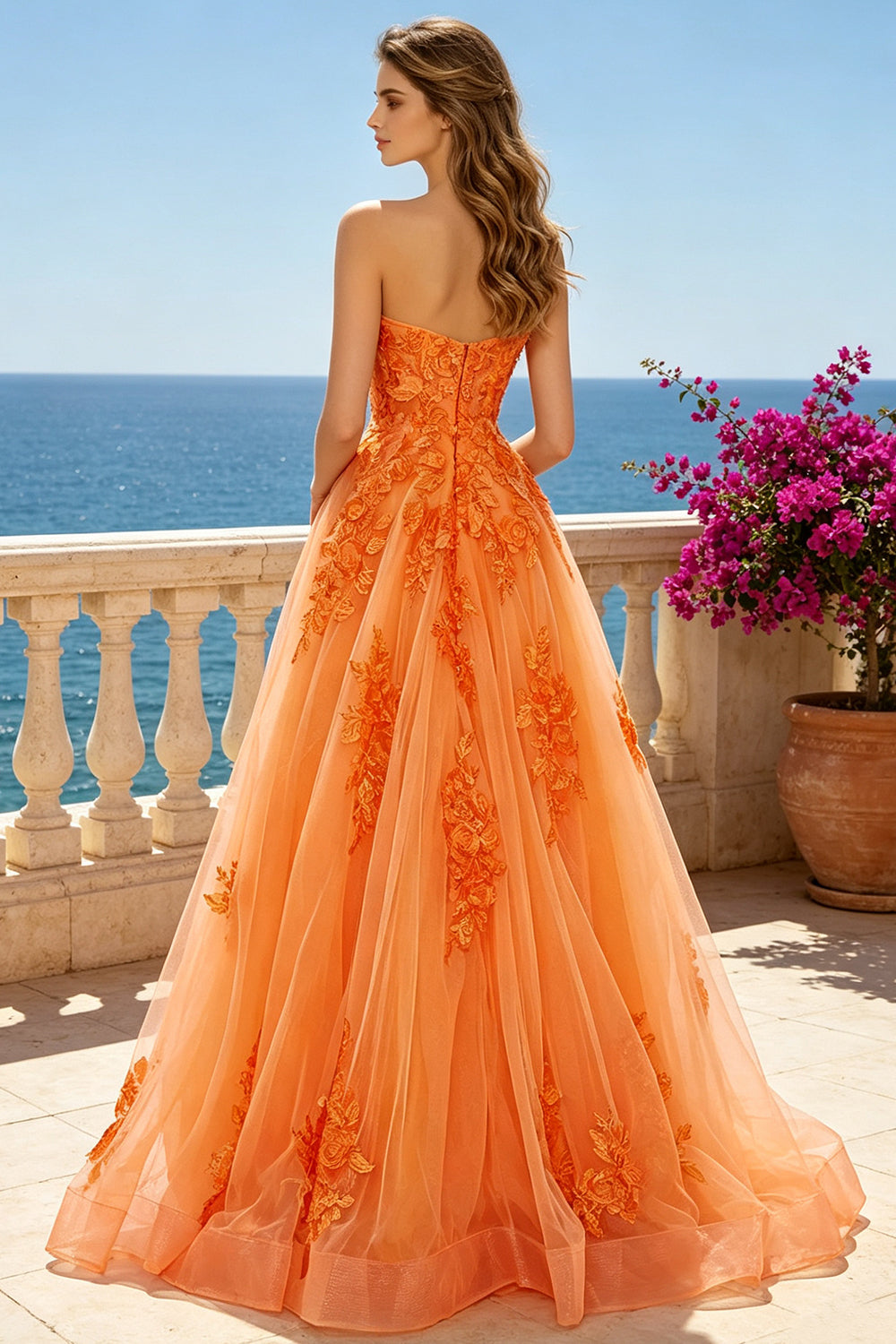 Orange Sweetheart Prom Dress 3D Floral Lace Appliques Tulle A‑Line Formal Evening Gown (HW237)