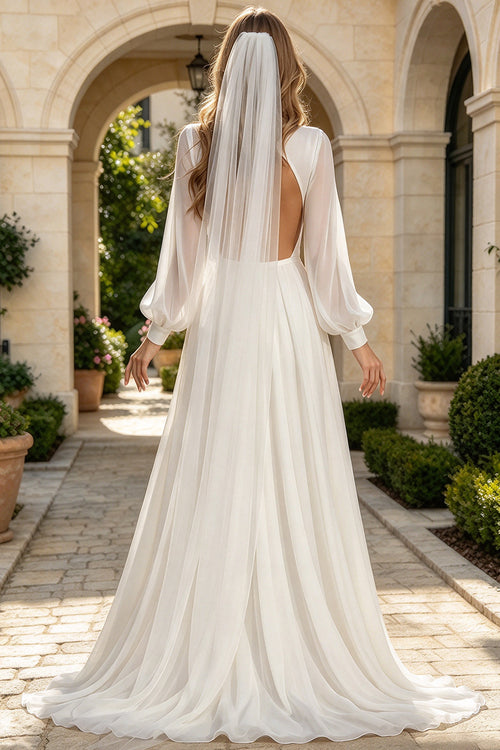 Deep V Satin Wedding Dress Long Puff Sleeve Open Back A Line Flowy Chiffon Bridal Gown (HW315)