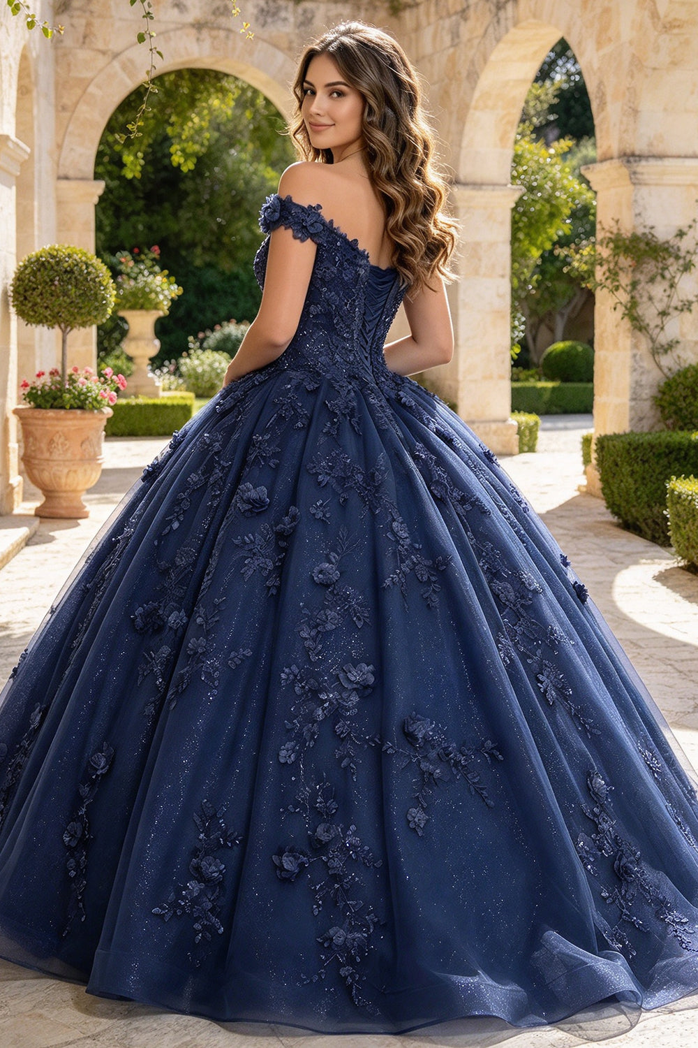 Off The Shoulder Quinceanera Dresses 3D Flower Glitter Tulle Ball Gown Sweet 16 Dress (HW342)