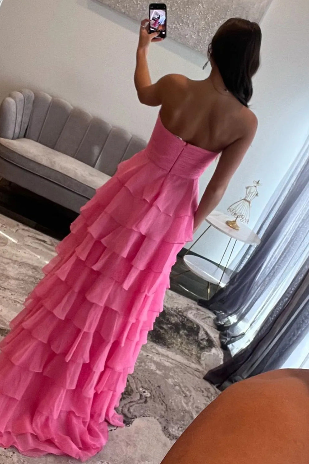 Chiffon A Line Prom Dresses for Women 2026 Strapless Flower Tiere Ruffled Formal Evening Party Dress (HW069)