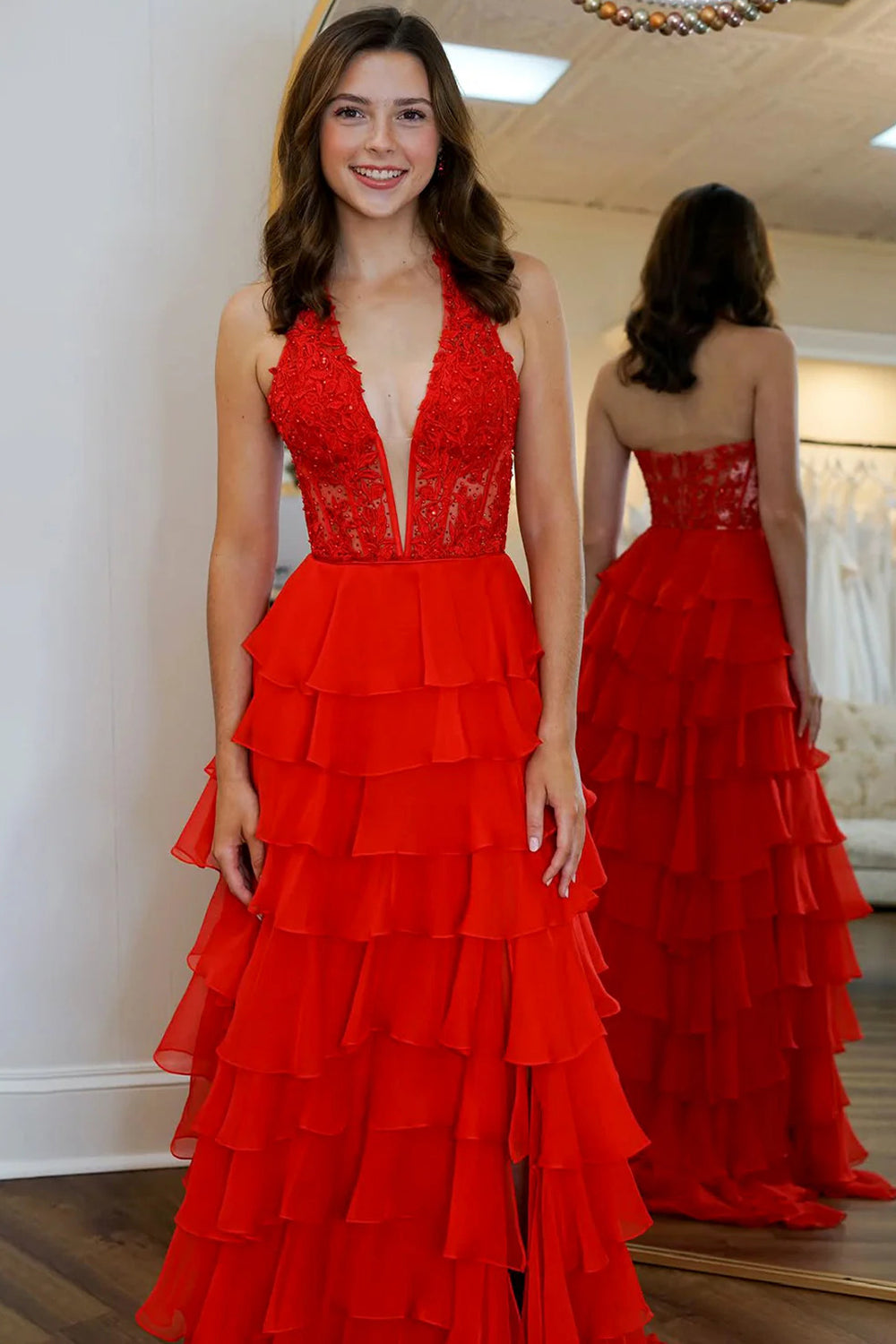 Halter Corset Prom Dresses Chiffon Layered Ruffle Long Slit Party Dress With Lace Appliques (HW050)
