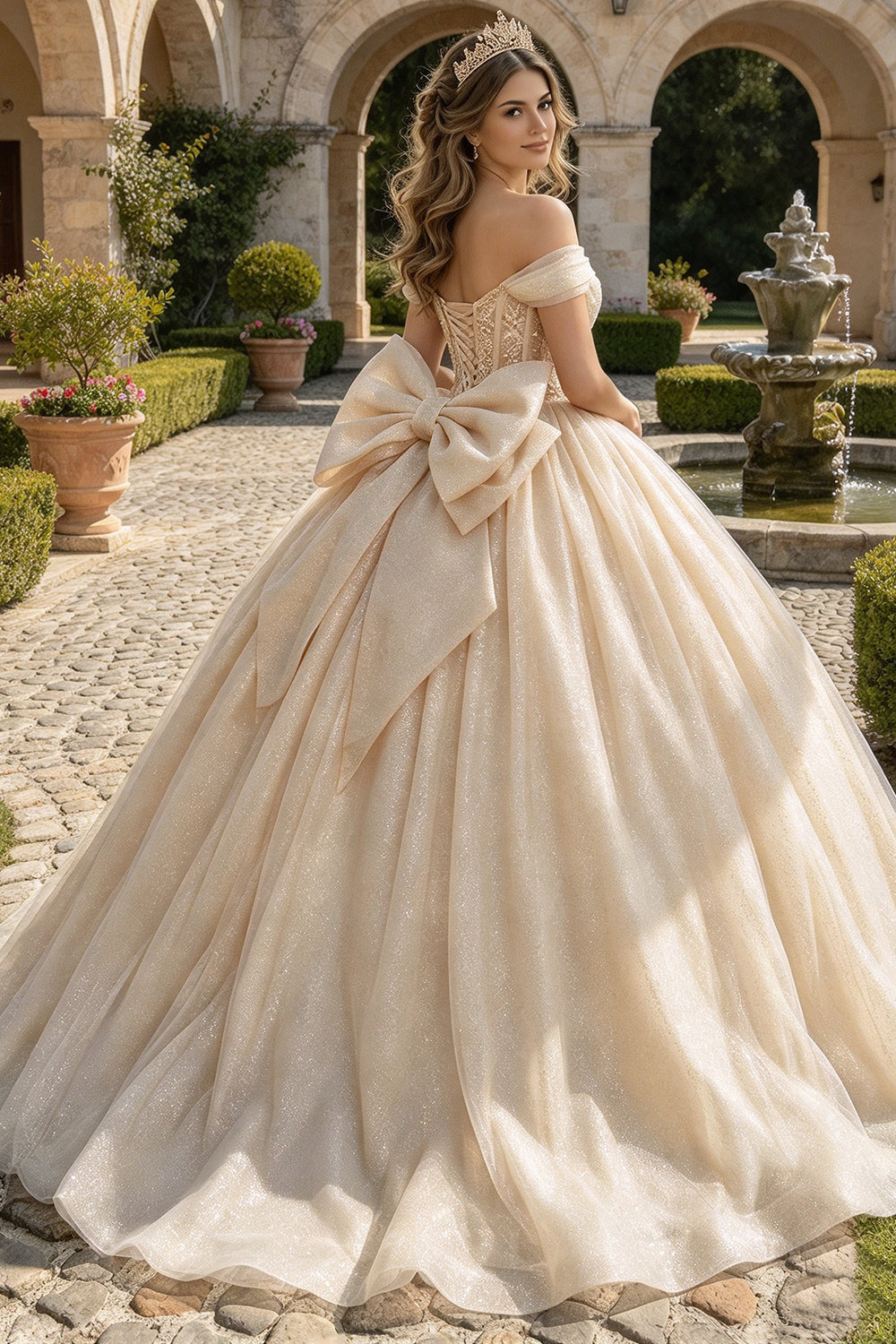 Off Shoulder Quinceanera Dress Beaded Glitter Tulle Ball Gown With Back Bow Sweet 16 Dress (HW344)