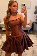 Strapless Rhinestone Trim Big Bow Satin Pleated Skater Mini Dresses Cocktail Homecoming Dress (HW093)
