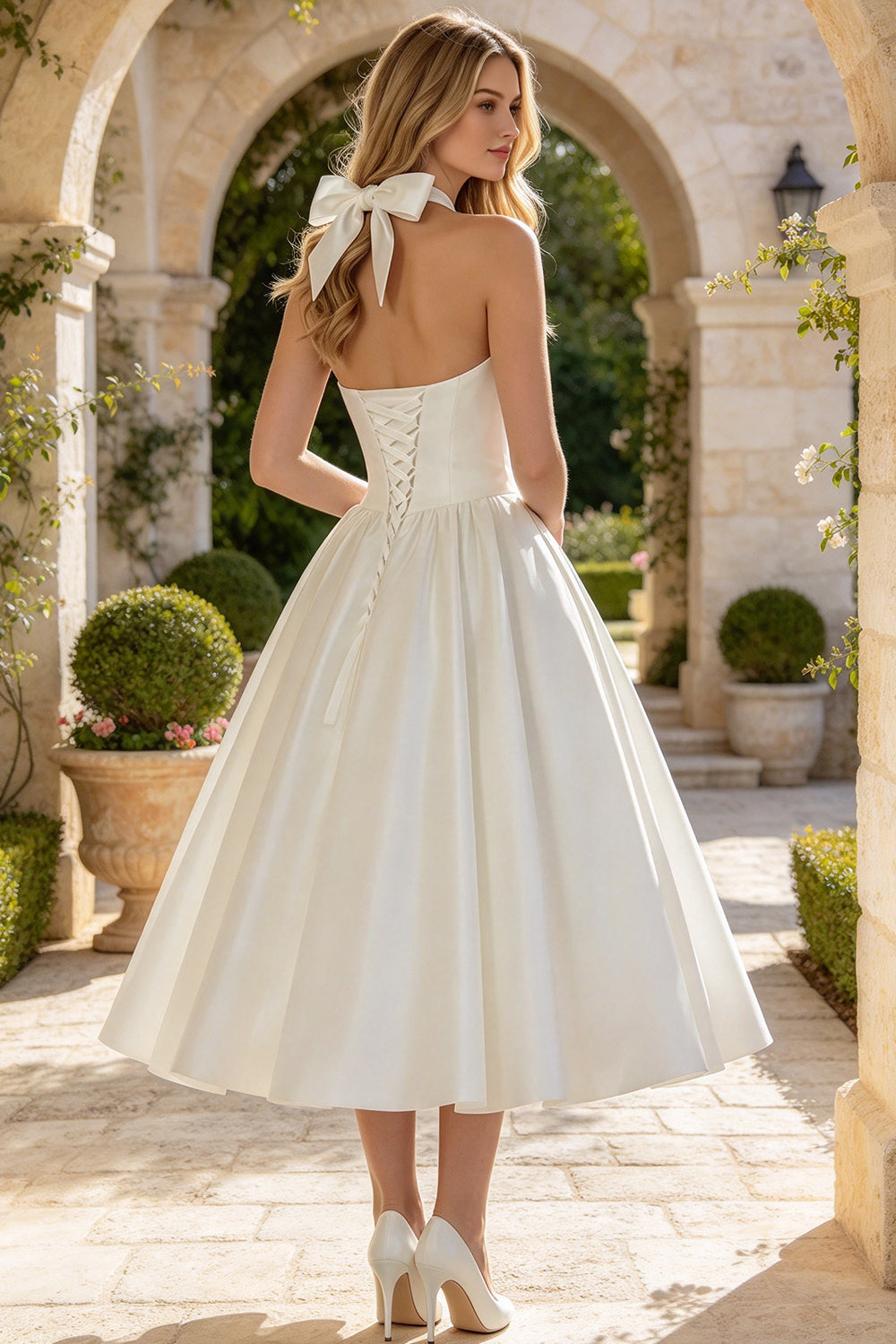 Halter Satin Tea Length Wedding Dress Sweetheart with Big Bow Lace Up Short A Line Bridal Gown (HW330)