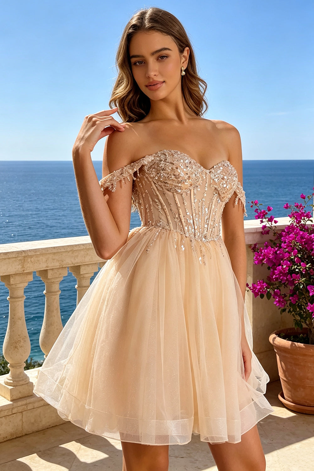 Champagne Off‑The‑Shoulder Homecoming Dress Beaded Sequin Glitter Tulle Short A‑Line Party Dress With Lace‑Up (HW233)