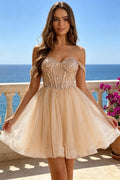 Champagne Off‑The‑Shoulder Homecoming Dress Beaded Sequin Glitter Tulle Short A‑Line Party Dress With Lace‑Up (HW233)
