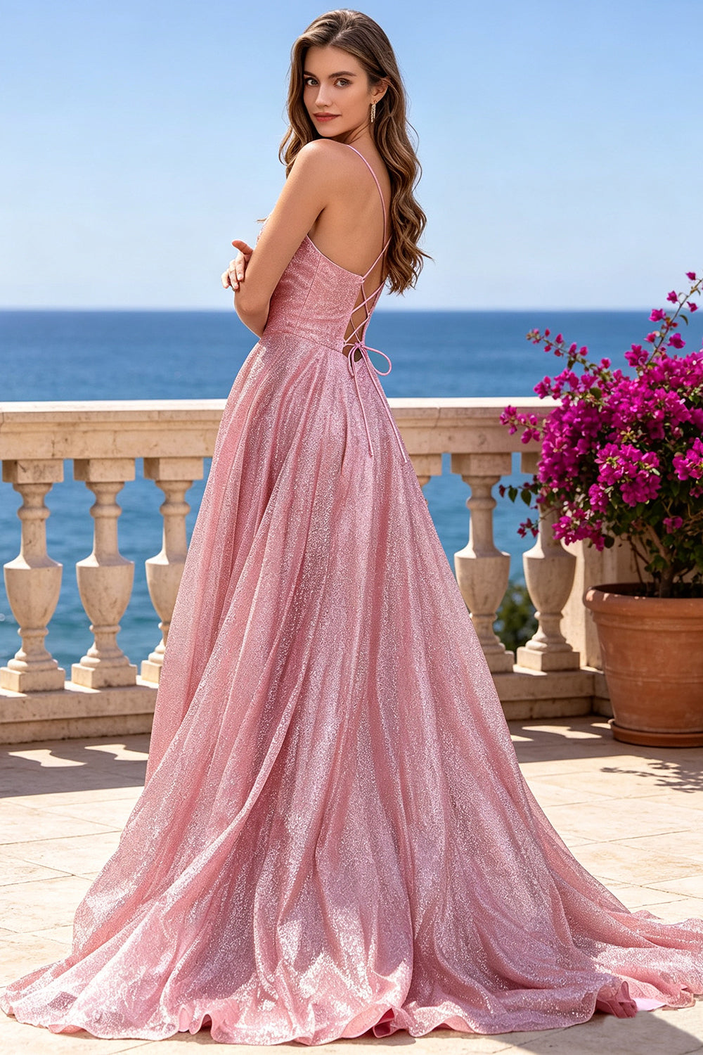 Dusty Pink Glitter A‑Line Prom Dress Spaghetti Straps Corset with Lace‑Up Formal Evening Gown (HW243)