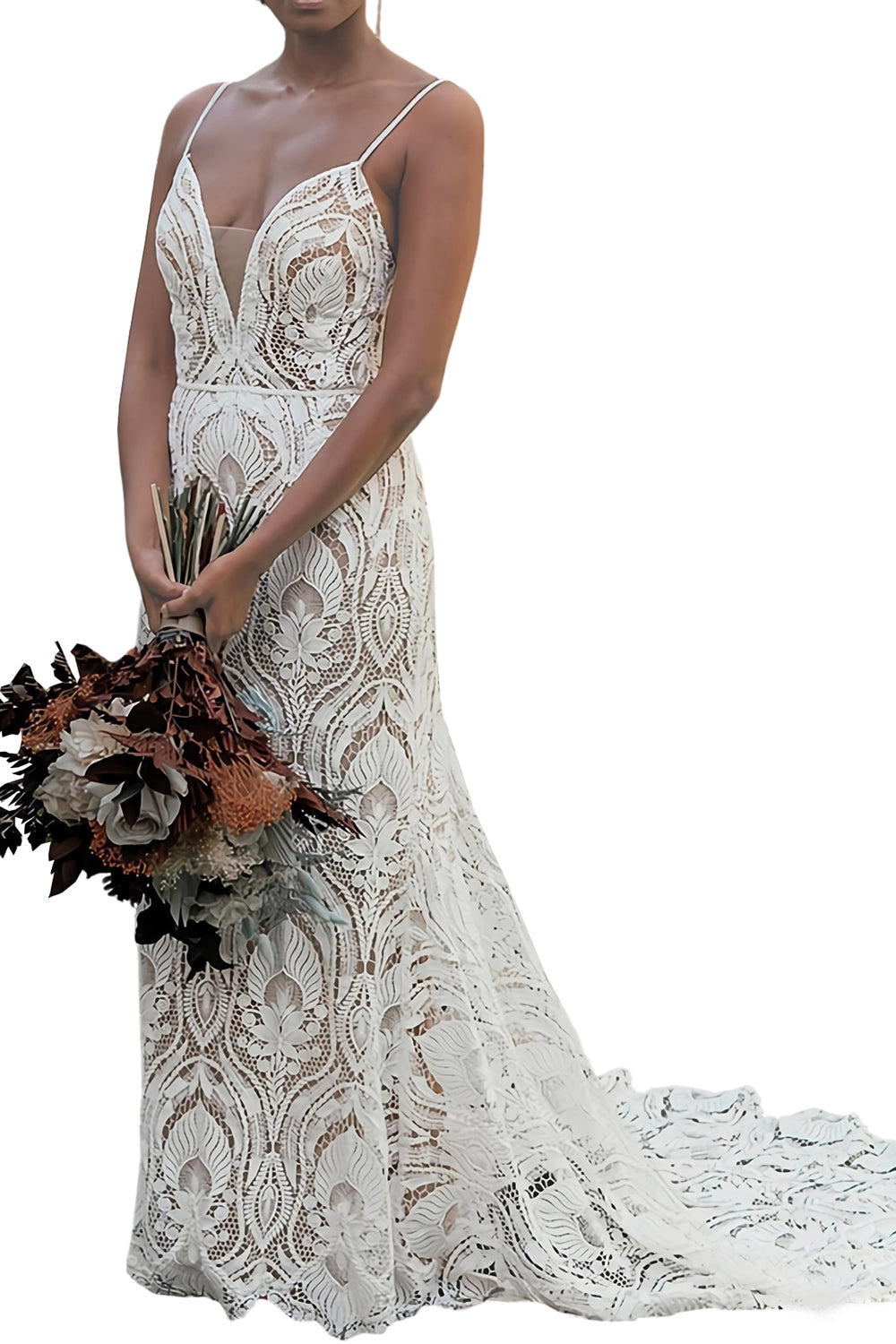 Women's Lace Boho Wedding Dresses for Bride Plus Size Long Beach Mermaid Bridal Dress Bohemian Wedding Gowns (HW106)