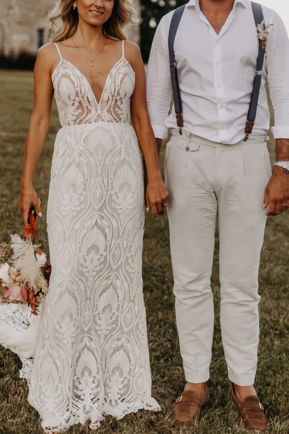 Women's Lace Boho Wedding Dresses for Bride Plus Size Long Beach Mermaid Bridal Dress Bohemian Wedding Gowns (HW106)