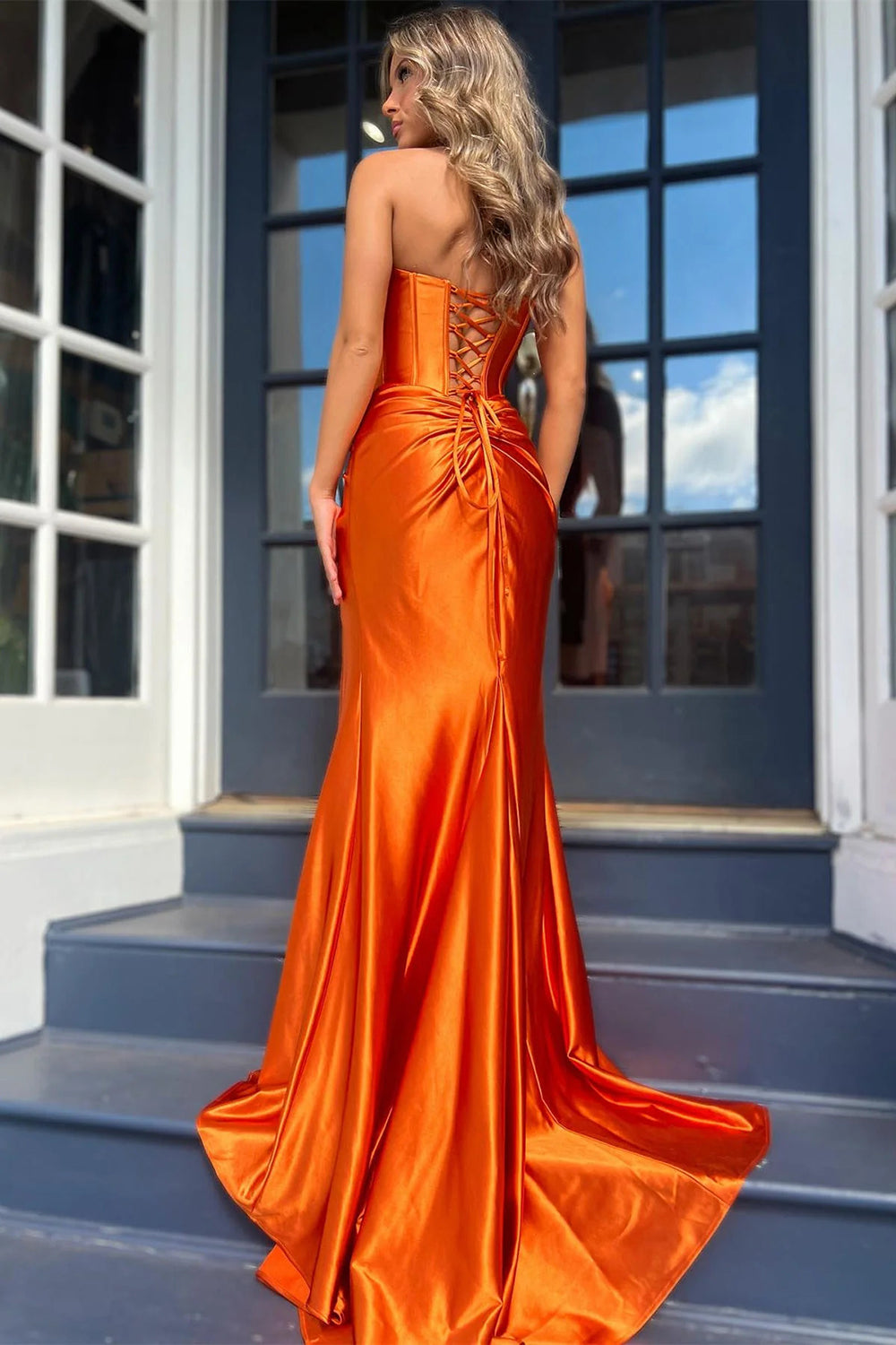 Satin Mermaid Strapless Prom Dresses with Slit Evening Dress Long for Women with Lace Up (HW058)