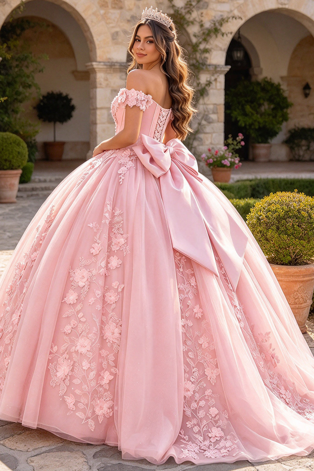 Off Shoulder Quinceanera Dress 3D Floral Lace UP Glitter Tulle Ball Gown with Big Bow (HW341)