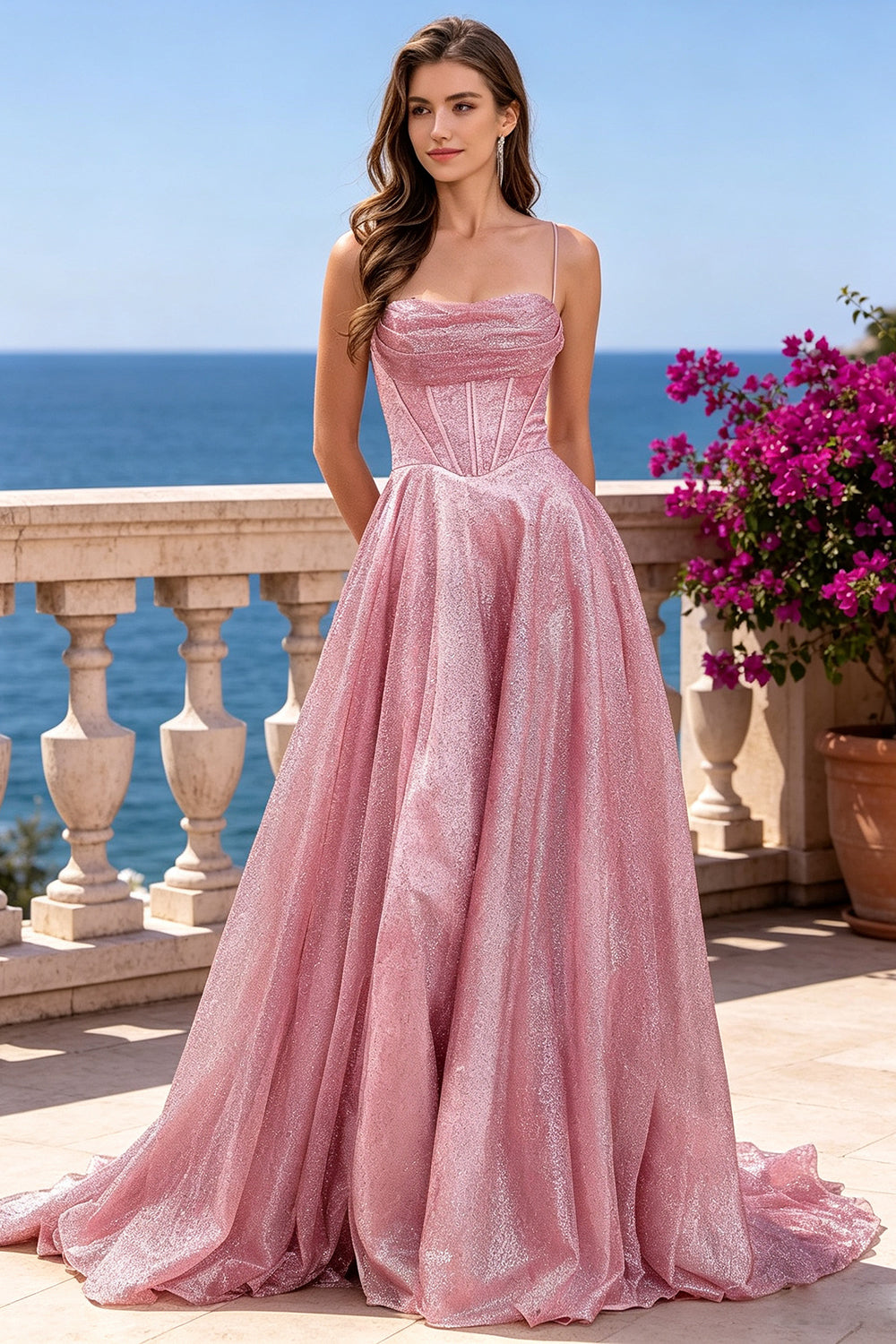Dusty Pink Glitter A‑Line Prom Dress Spaghetti Straps Corset with Lace‑Up Formal Evening Gown (HW243)