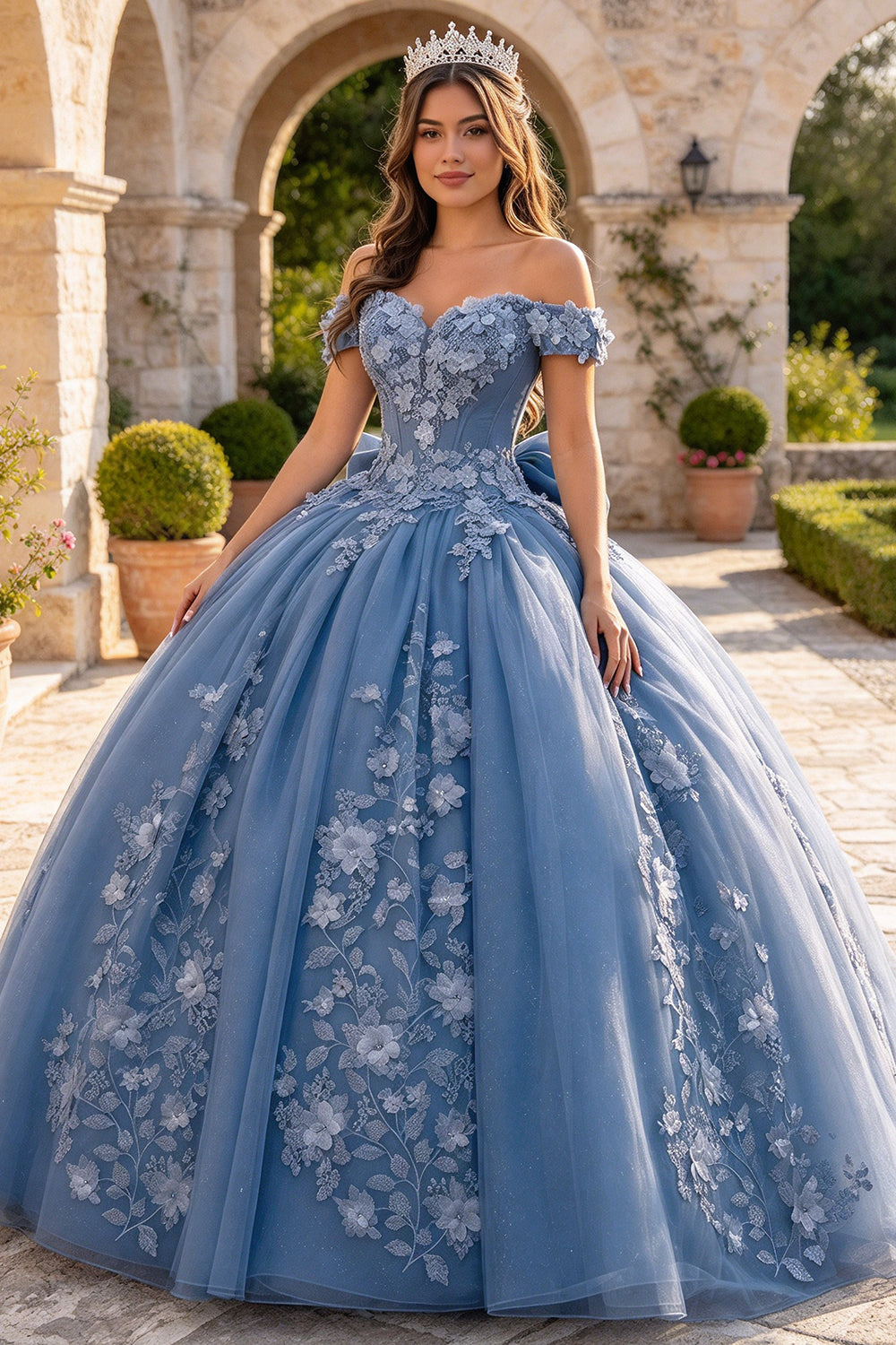 Off Shoulder Quinceanera Dress 3D Floral Lace UP Glitter Tulle Ball Gown with Big Bow (HW341)
