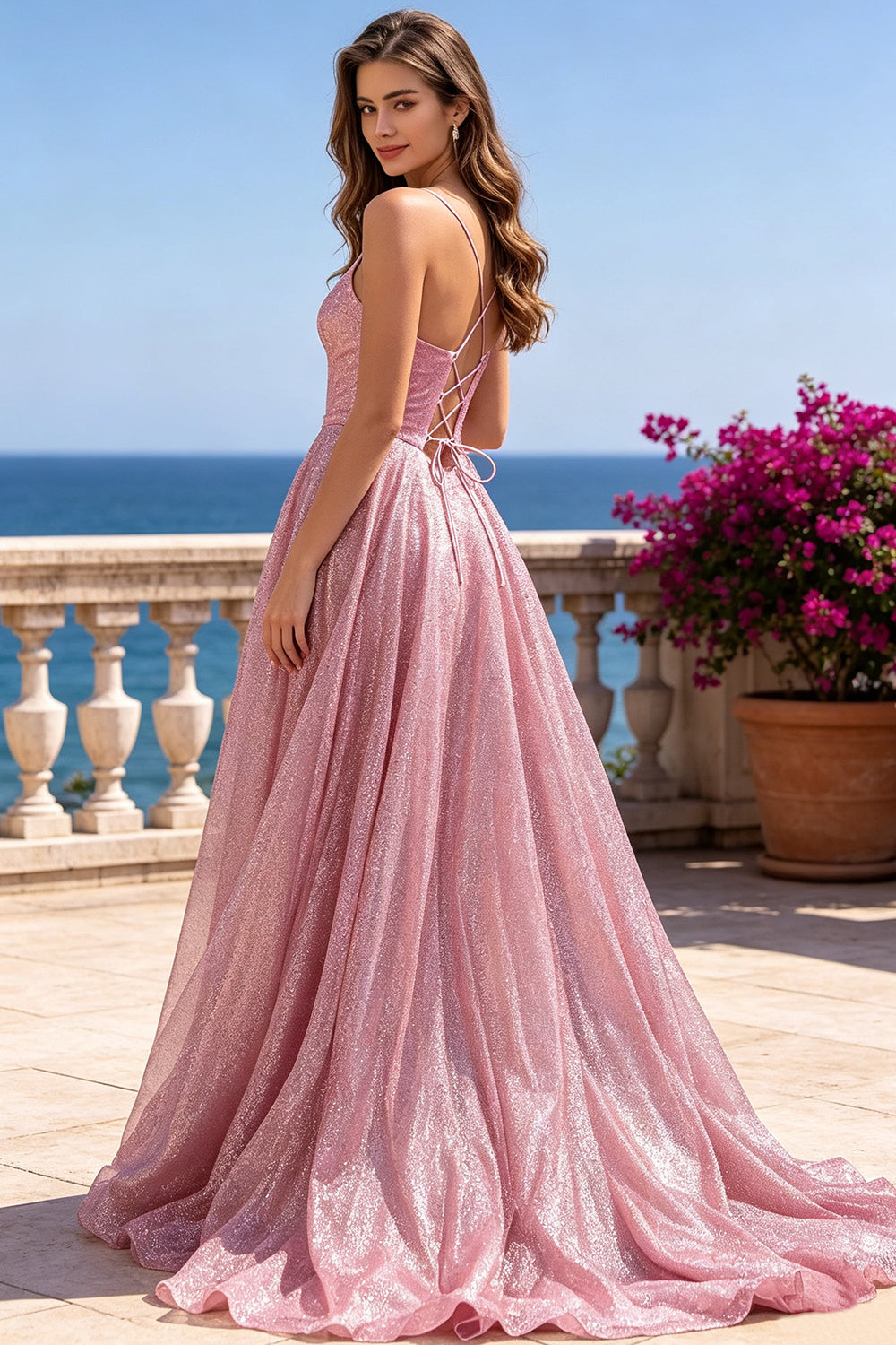 Dusty Pink Glitter A‑Line Prom Dress Spaghetti Straps Corset with Lace‑Up Formal Evening Gown (HW243)