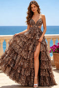 Leopard Print Tiered Chiffon Prom Dress Spaghetti Strap Long Formal Gown With Slit for Evening Party (HW232)