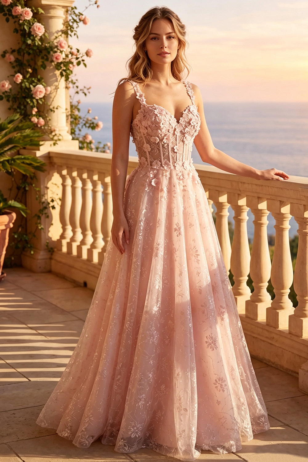 Sweetheart Prom Dress 3D Floral Appliques Sheer Corset Glitter Tulle A-Line Pageant Gown With Big Bow (HW259)