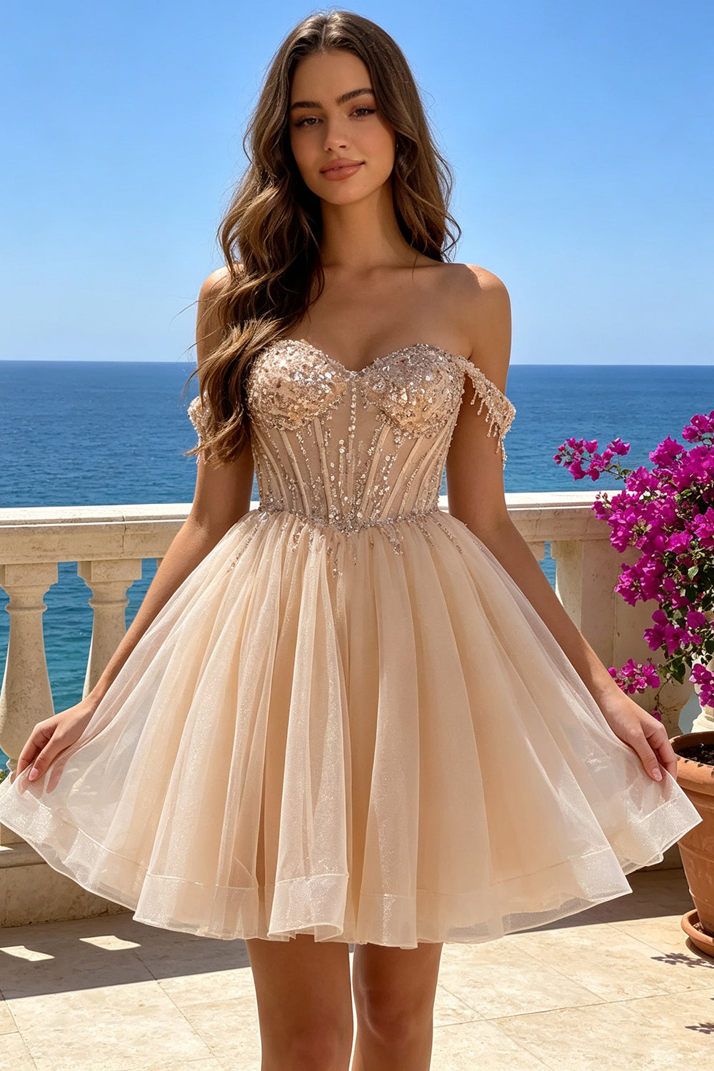 Champagne Off‑The‑Shoulder Homecoming Dress Beaded Sequin Glitter Tulle Short A‑Line Party Dress With Lace‑Up (HW233)