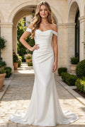 Off The Shoulder Satin Wedding Dress Sweetheart Ruched Mermaid Bridal Gown With Lace Up (HW317)
