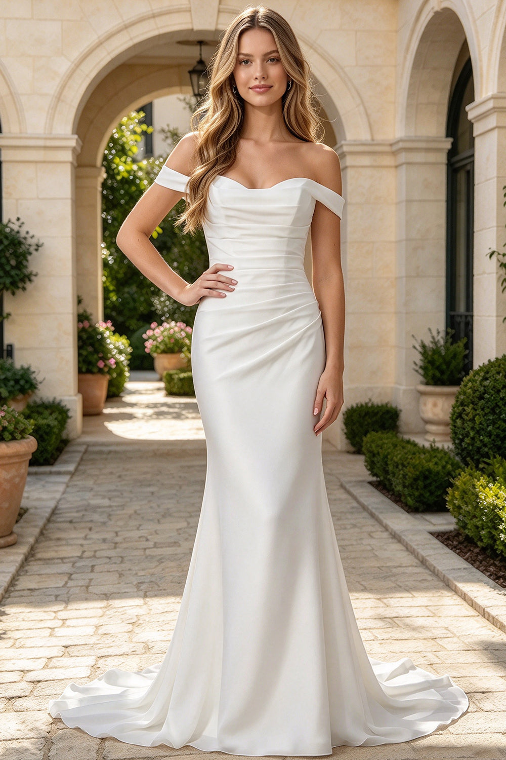 Off The Shoulder Satin Wedding Dress Sweetheart Ruched Mermaid Bridal Gown With Lace Up (HW317)