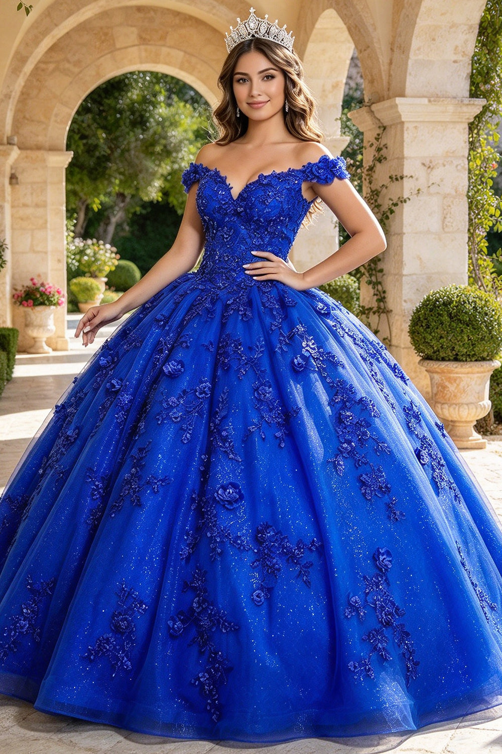 Off The Shoulder Quinceanera Dresses 3D Flower Glitter Tulle Ball Gown Sweet 16 Dress (HW342)