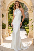 Halter Satin Mermaid Wedding Dress Open Back Long Tie Strap Fitted Bridal Gown (HW335)