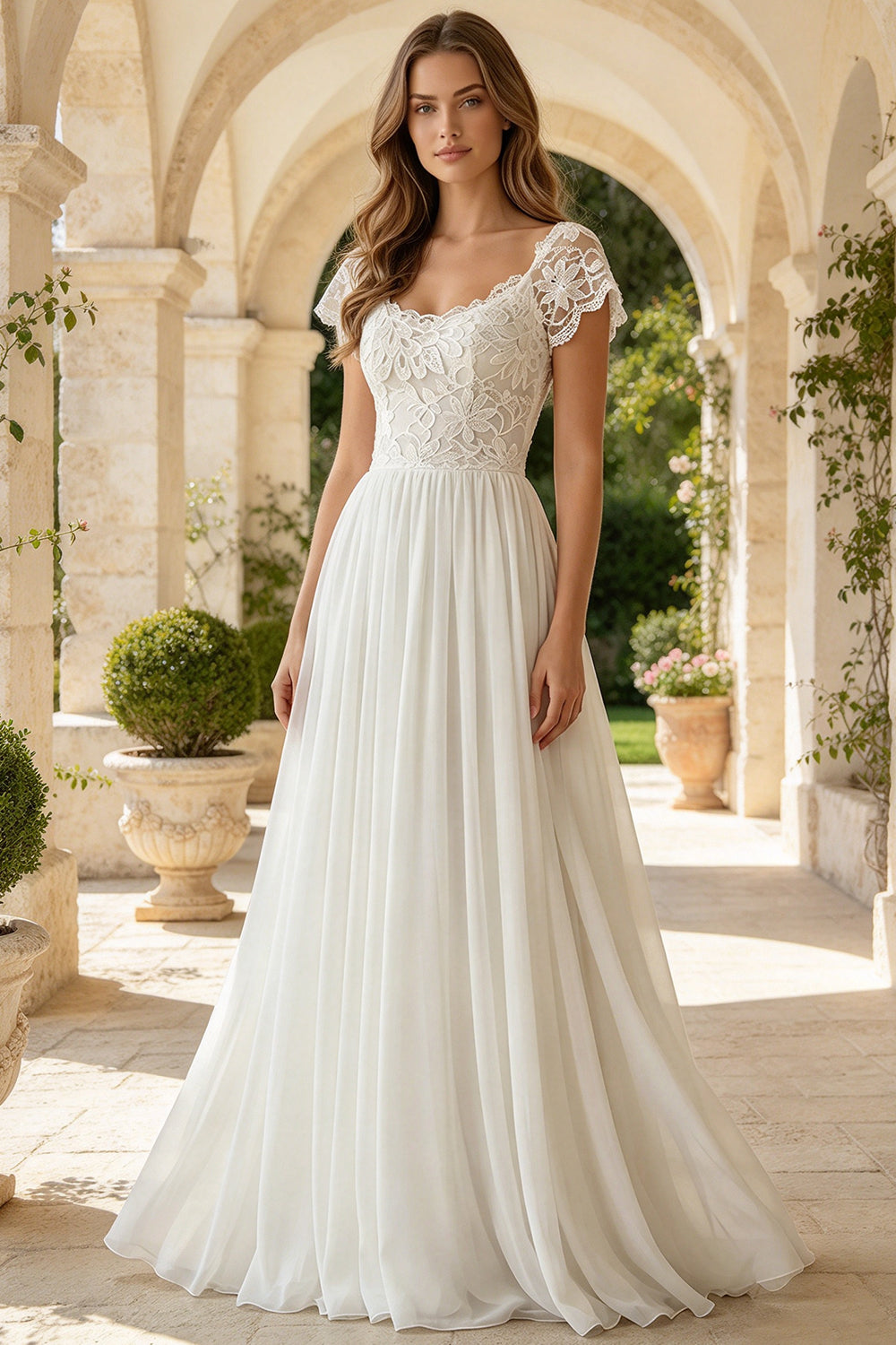 Cap Sleeve Lace Long A Line Wedding Dress Chiffon Low Back with Lace Up Bridal Gown (HW339)
