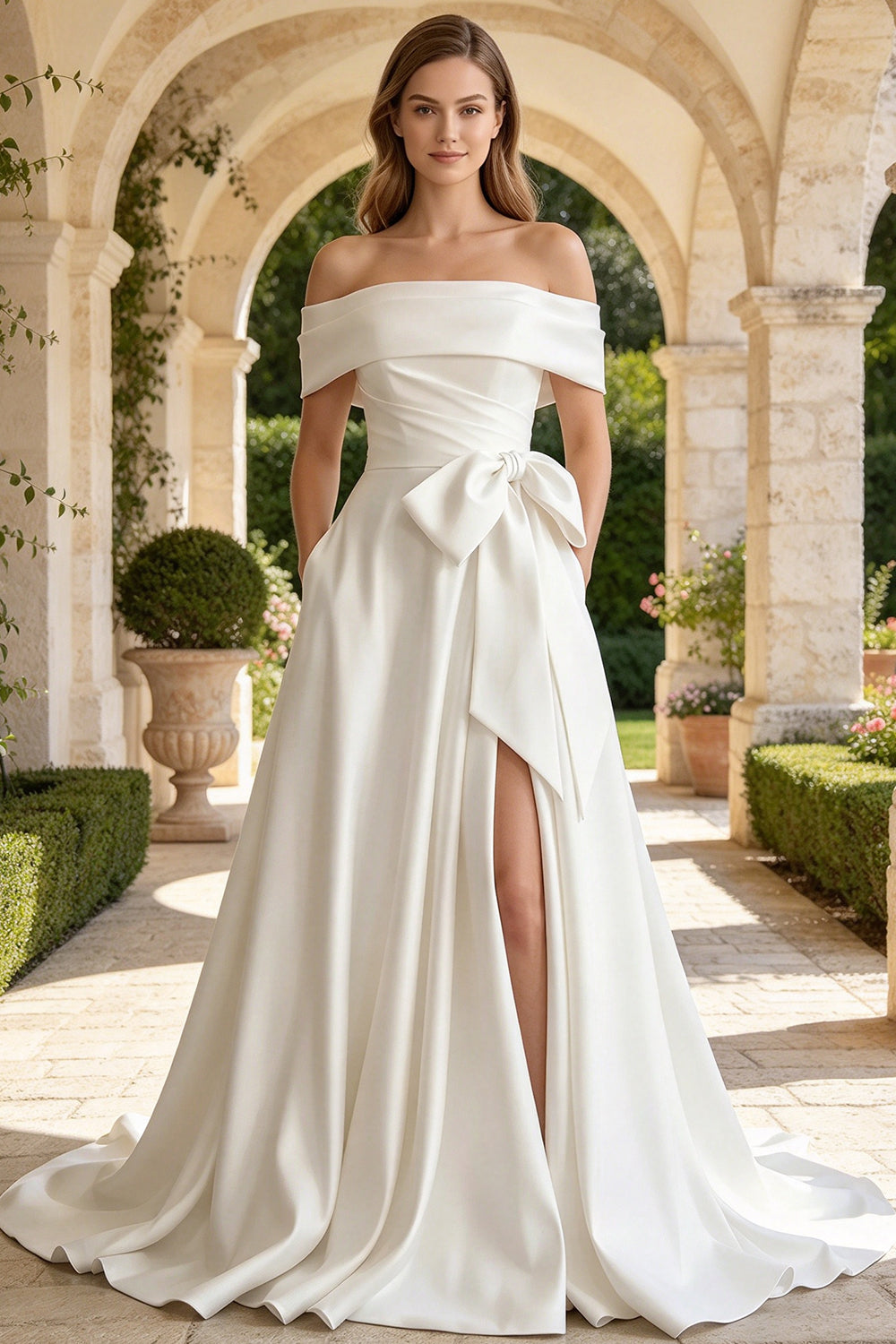Off The Shoulder Satin A Line Wedding Dress with Waist Bow Slit Lace Up Bridal Gown (HW326)