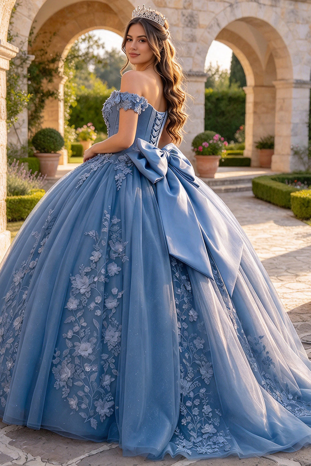 Off Shoulder Quinceanera Dress 3D Floral Lace UP Glitter Tulle Ball Gown with Big Bow (HW341)
