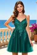 Spaghetti Straps Homecoming Dress Lace Applique Tulle A‑Line Short Formal Party Gown (HW239)