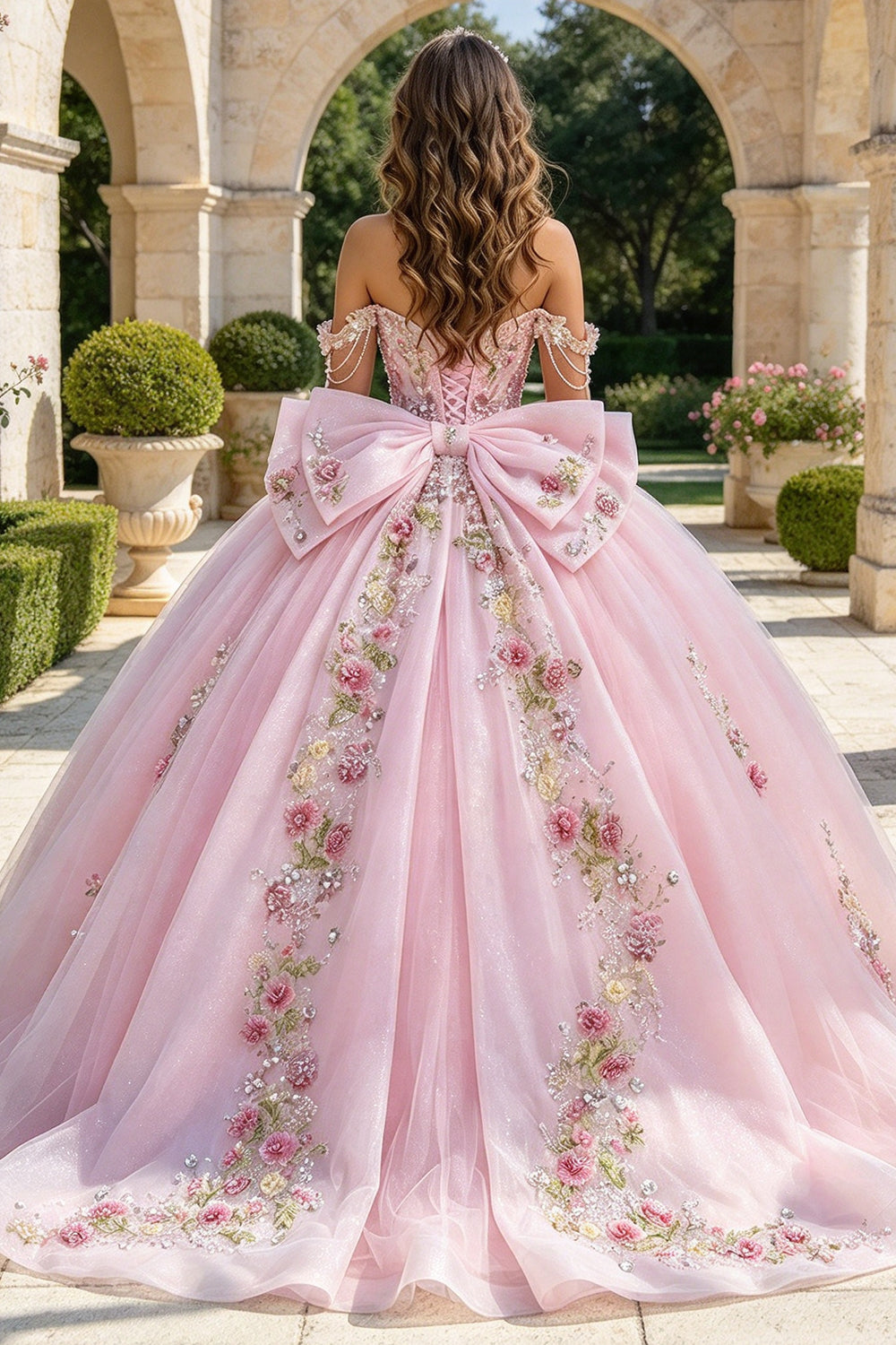 Off Shoulder Quinceanera Dress With Floral Embroidery Big Bow Tulle Ball Gown For Sweet 15 (HW346)