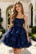 Navy Blue Homecoming Dress Spaghetti Straps Lace-Up Ruffled Tulle Short Party Dress (HW274)